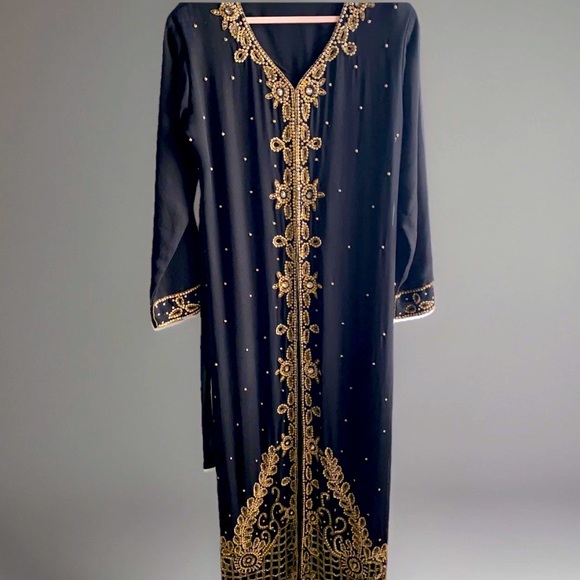 Dresses & Skirts - XL‎ Modest Ethnic Abaya Kaftan Maxi Evening Dress Muslim Black Gold Beaded